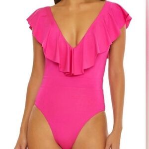Trina Turk MONACO SOLIDS RUFFLE V-NECK ONE PIECE SWIMSUIT